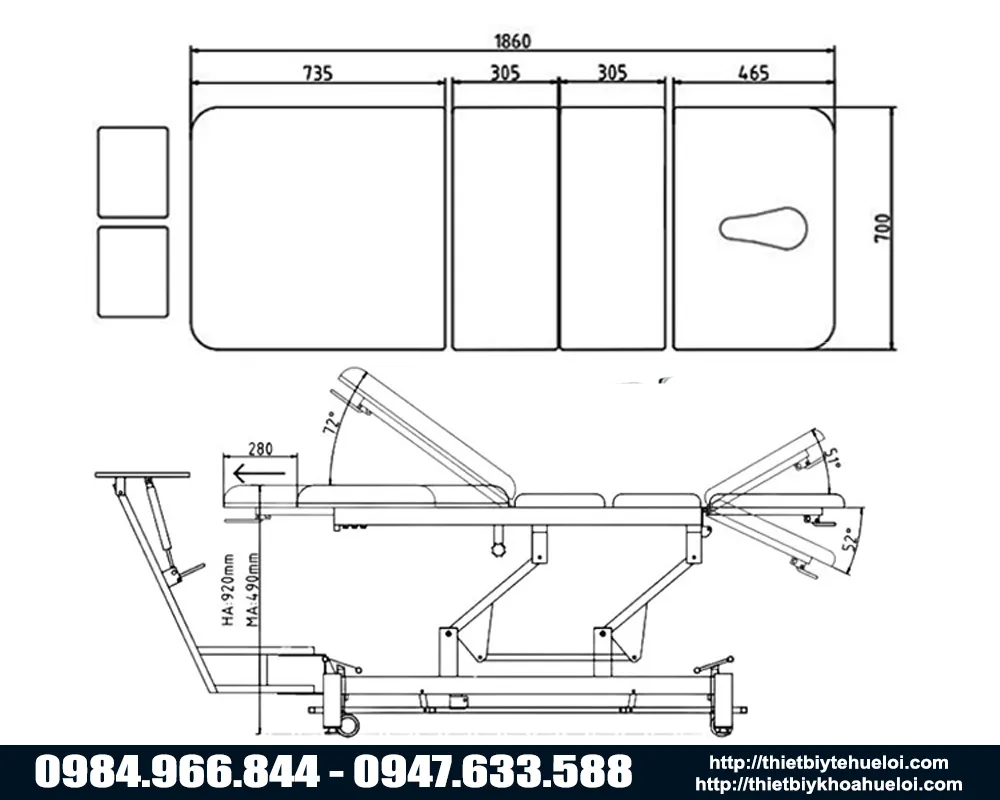 Th&ocirc;ng số kỹ thuật giường k&eacute;o gi&atilde;n cột sống lưng cổ CY-C101F
