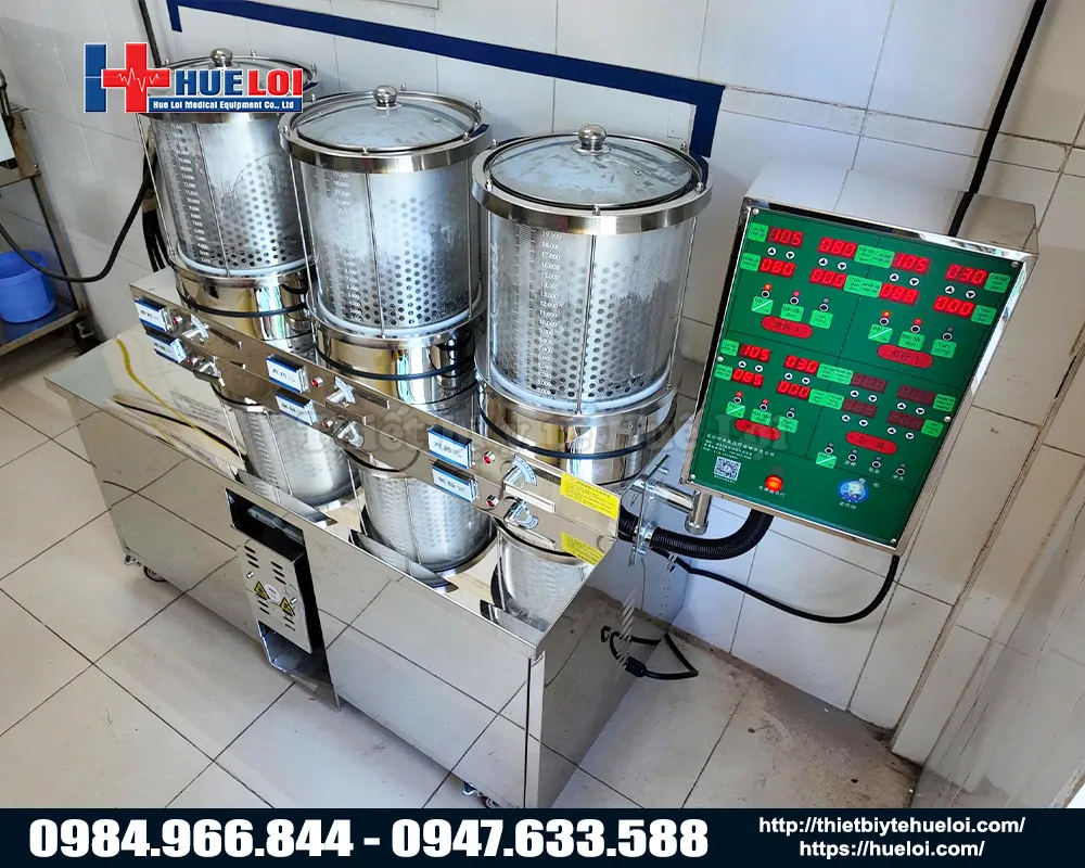 m&aacute;y sắc k&egrave;m đ&oacute;ng t&uacute;i tự động ba nồi đun cao cấp